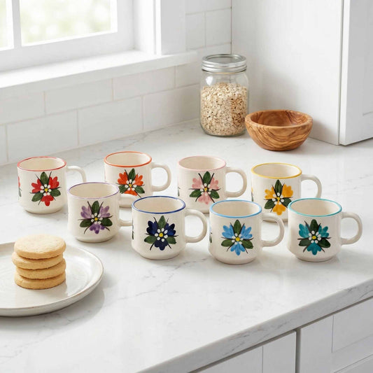 Set of ceramic mugs with floral designs on a kitchen counter.