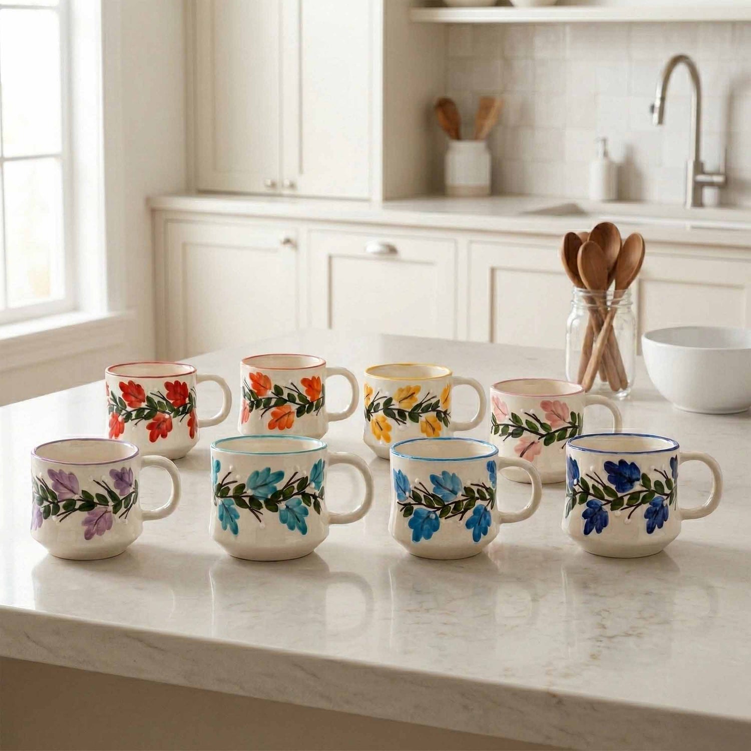 Set of floral mugs on a kitchen counter with a neutral background