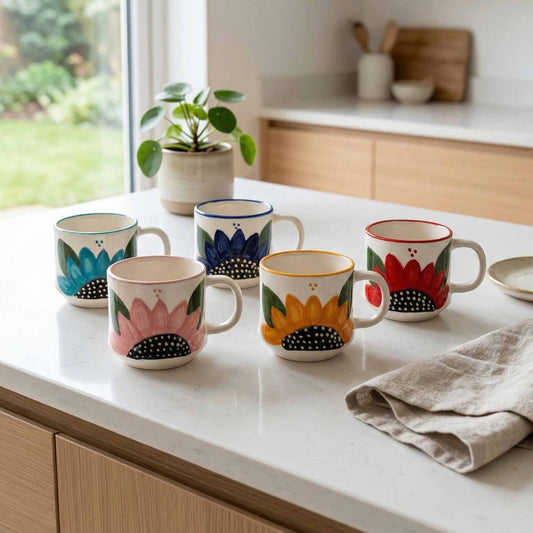 Colorful mugs on a kitchen counter with a window and plant in the background