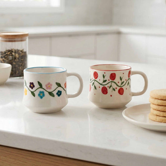 Two floral mugs on a kitchen counter with cookies and tea leaves in the background.
