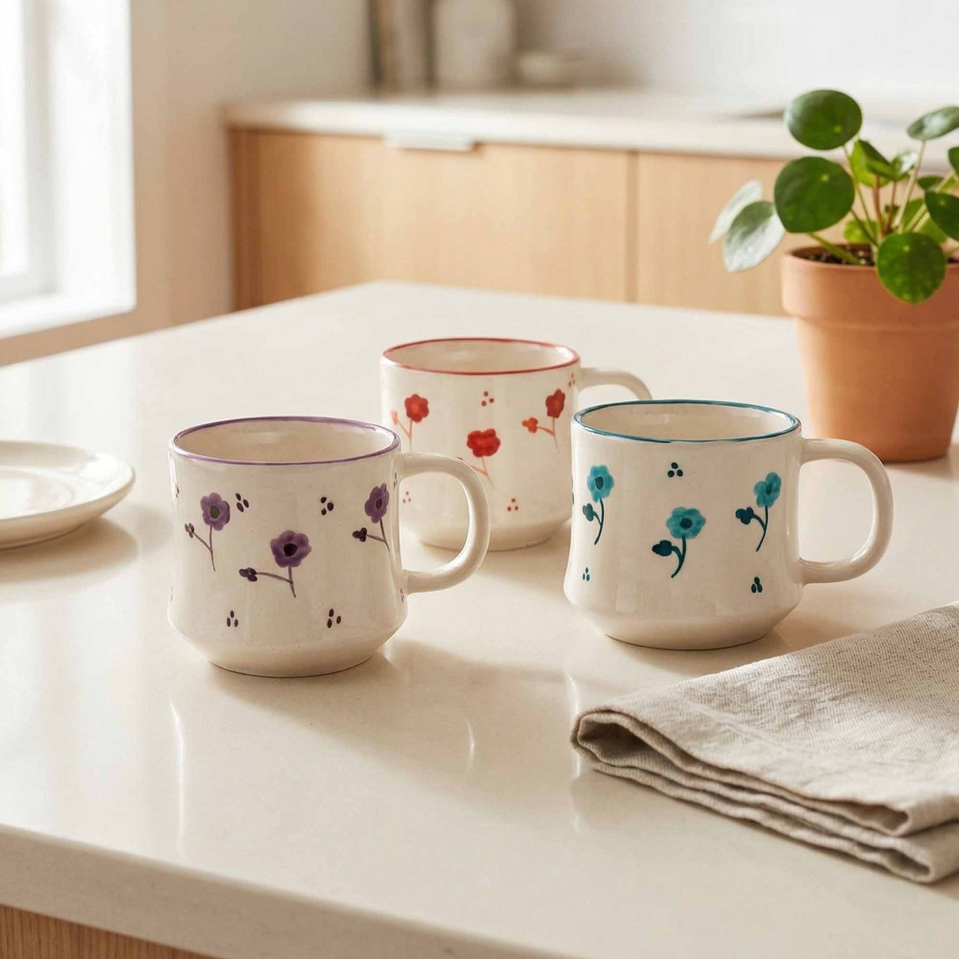 Three floral mugs on a kitchen counter with a plant and dish in the background.
