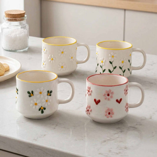 Four ceramic mugs with floral designs on a marble countertop.