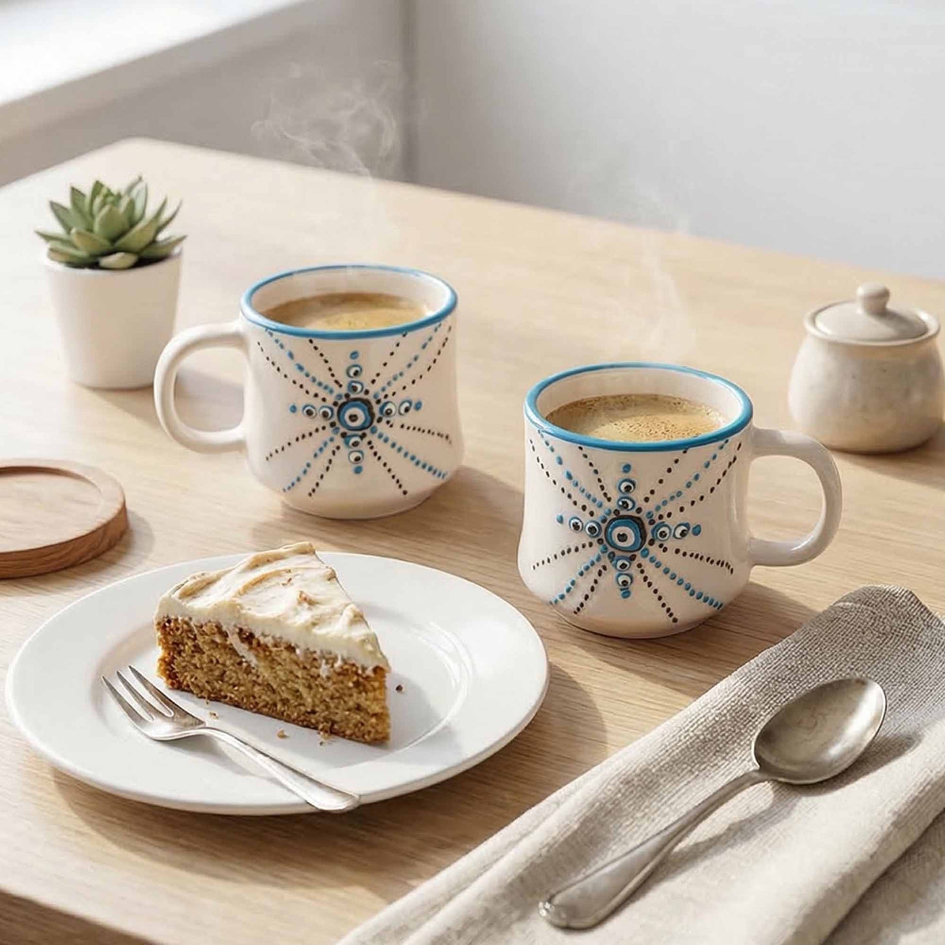 Two mugs with decorative handles on a wooden table with a slice of cake and utensils.