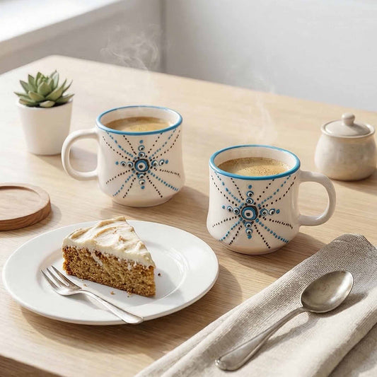 Two mugs with decorative handles on a wooden table with a slice of cake and utensils.