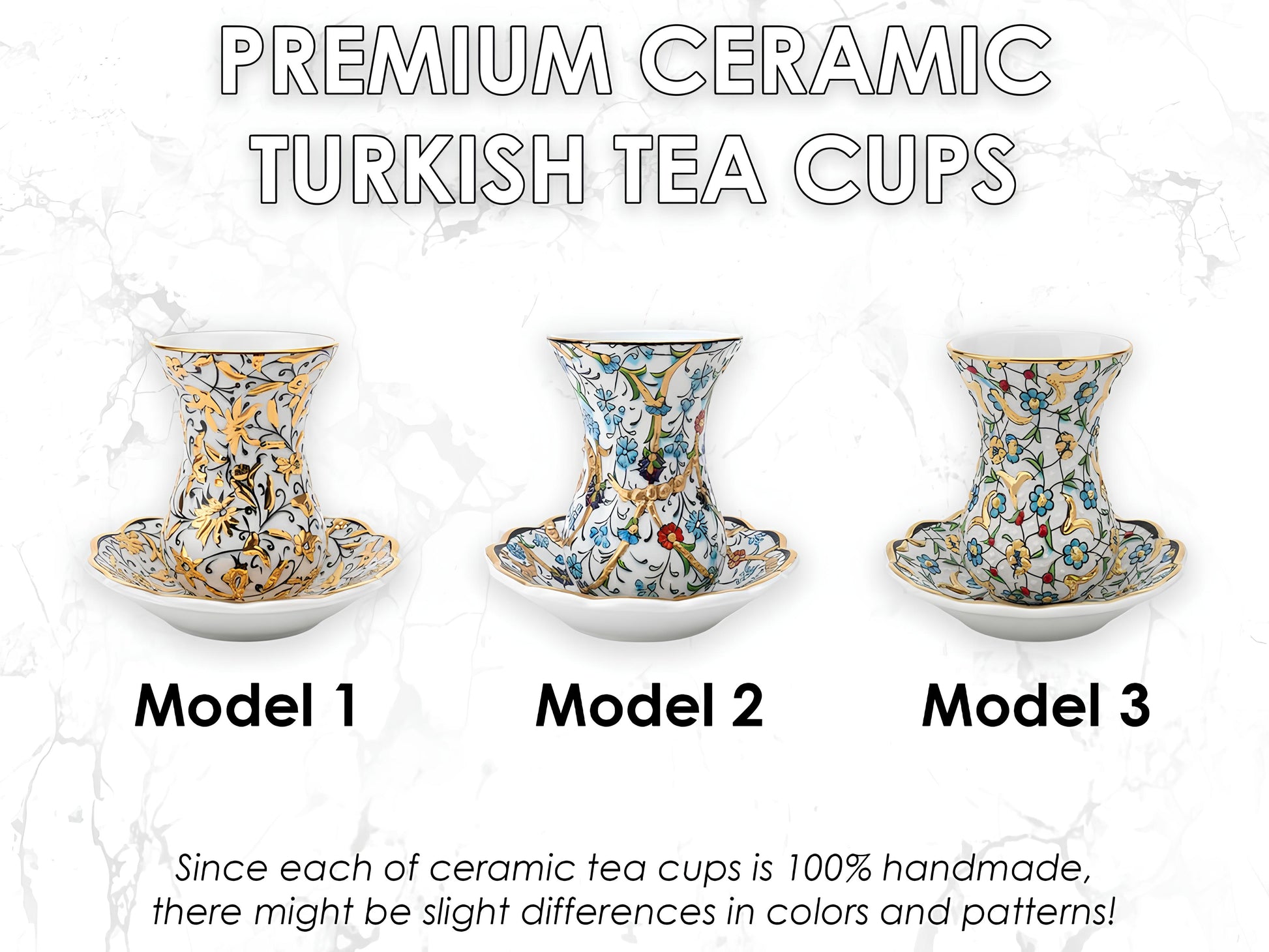Three models of premium ceramic Turkish tea cups with decorative patterns on a white background.