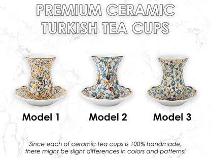 Three models of premium ceramic Turkish tea cups with decorative patterns on a white background.