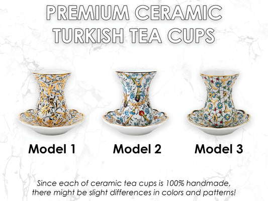 Three models of premium ceramic Turkish tea cups with decorative patterns on a white background.