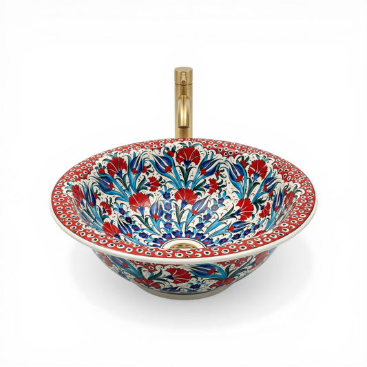 Anatolian Bloom Ceramic Vessel Sink, Handpainted Turkish Bathroom Basin