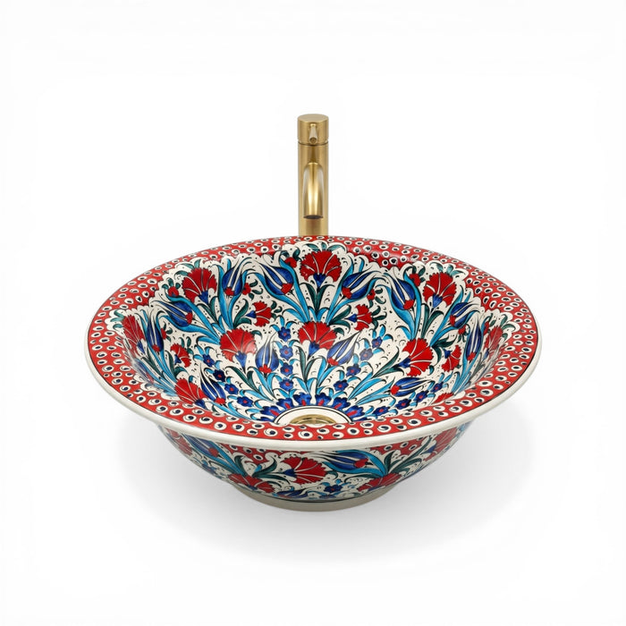 Anatolian Bloom Ceramic Vessel Sink, Handpainted Turkish Bathroom Basin