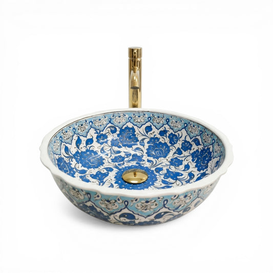 Blue Garden Ceramic Vessel Sink, Handpainted Floral Bathroom Basin