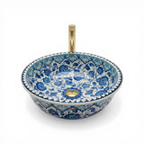 Azure Garden Ceramic Vessel Sink, Handpainted Blue Floral Bathroom Basin