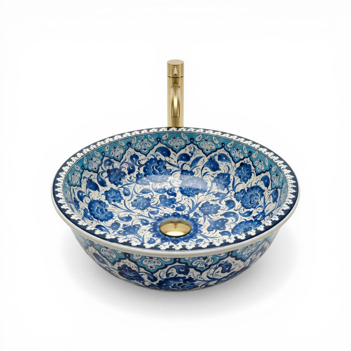 Azure Garden Ceramic Vessel Sink, Handpainted Blue Floral Bathroom Basin
