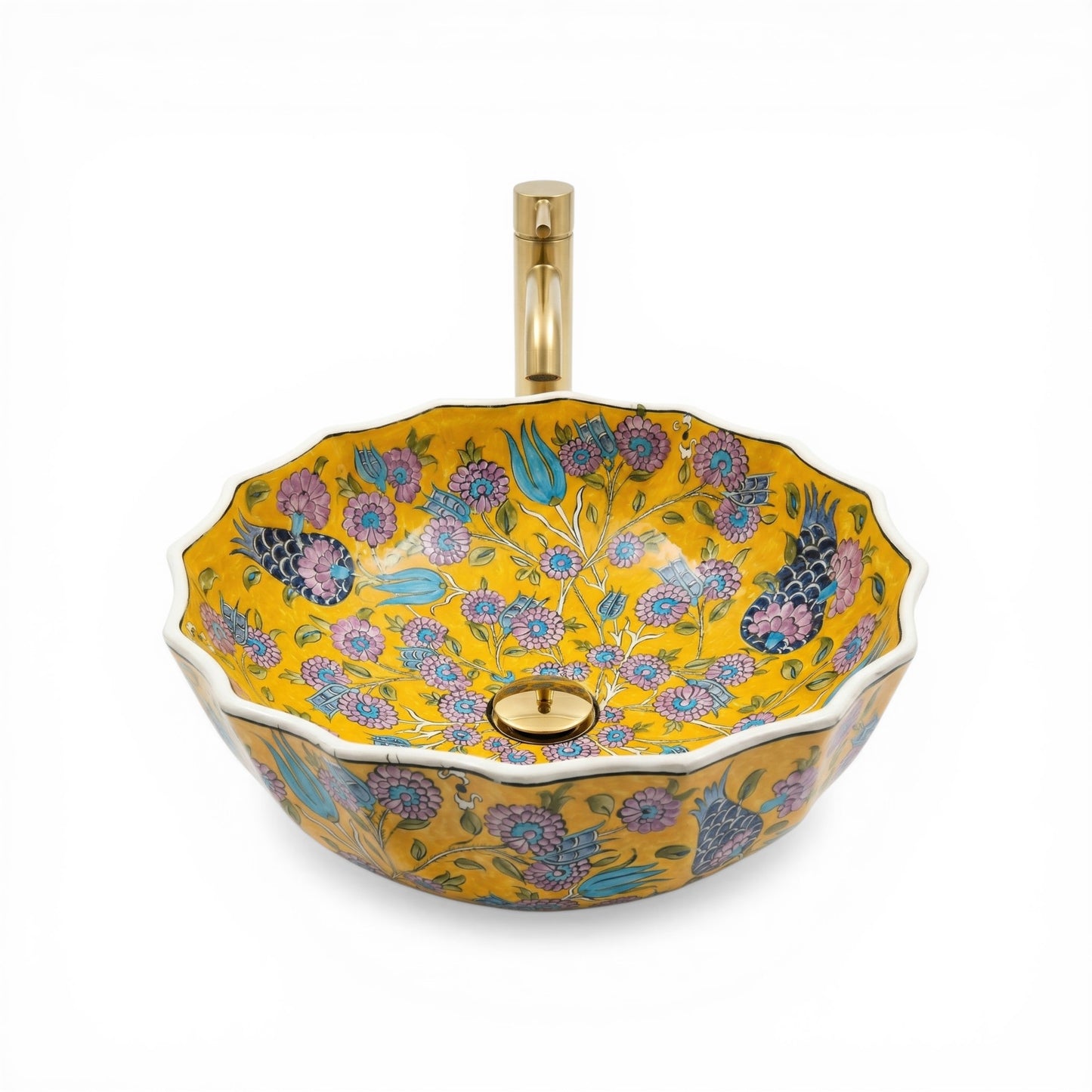 Golden Meadow Ceramic Vessel Sink, Handpainted Scalloped Bathroom Basin