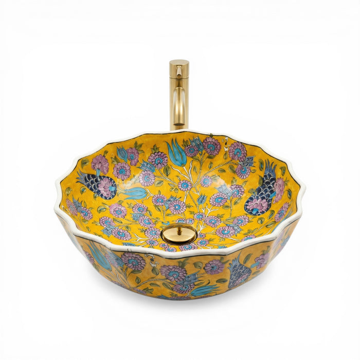 Golden Meadow Ceramic Vessel Sink, Handpainted Scalloped Bathroom Basin