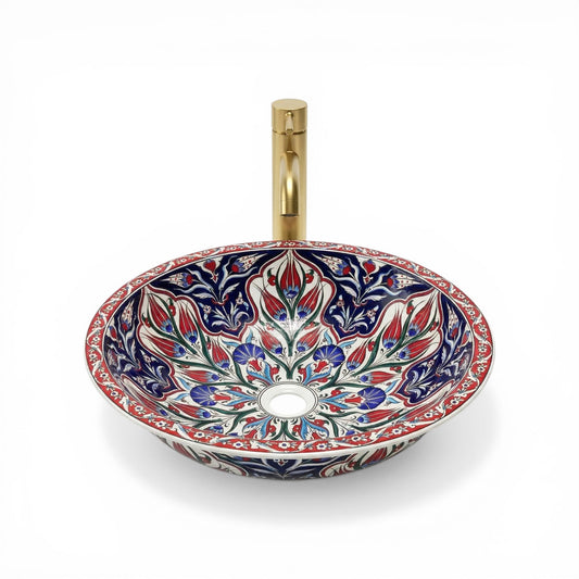 Ottoman Tulip Ceramic Vessel Sink, Handpainted Turkish Bathroom Basin