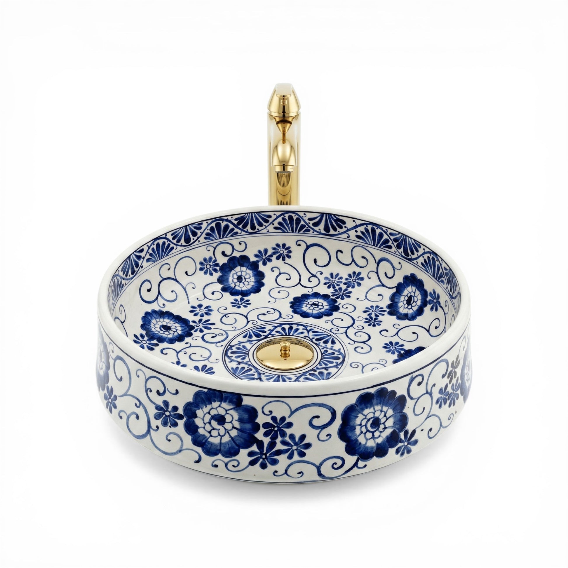 Ceramic sink with blue floral patterns on a white background