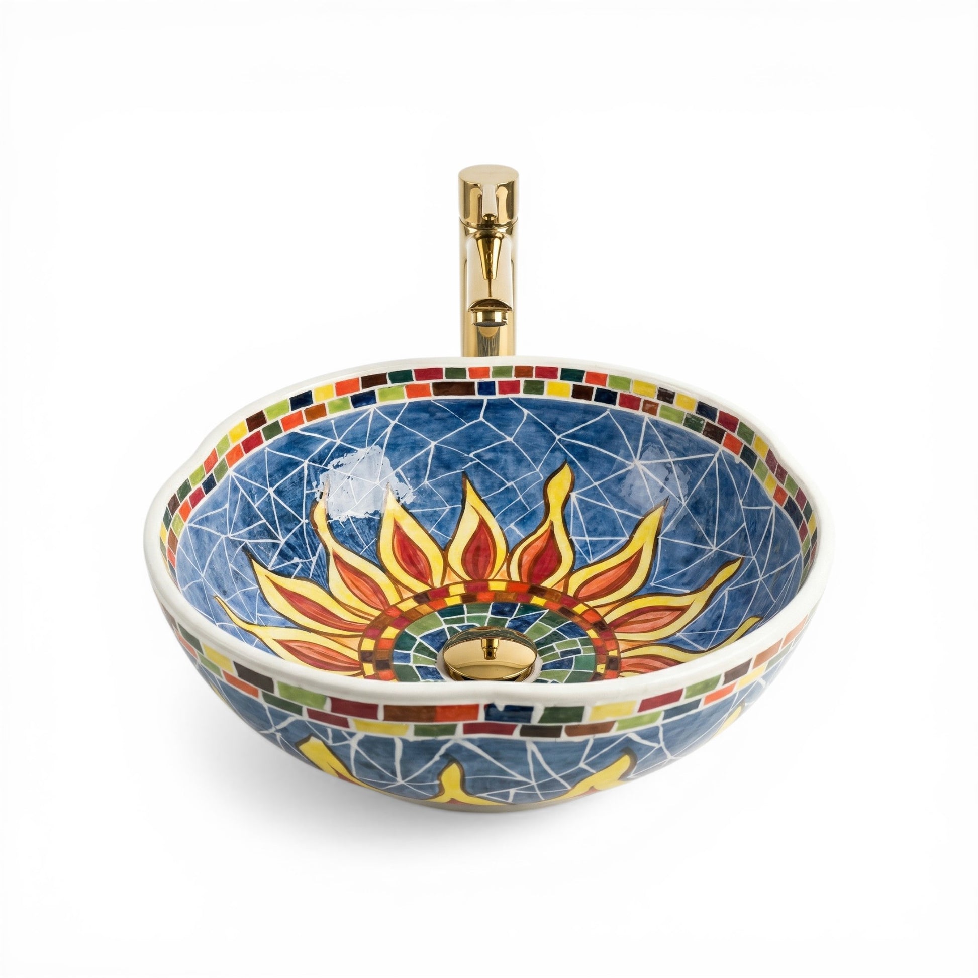 Decorative ceramic sink with artistic design on a white background