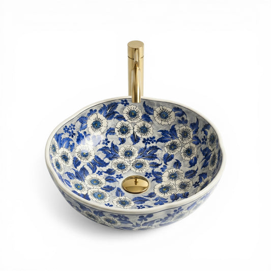 Blue Blossom Ceramic Vessel Sink, Handpainted Floral Bathroom Basin