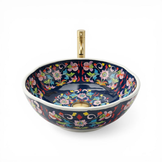 Midnight Garden Ceramic Vessel Sink, Handpainted Floral Bathroom Basin
