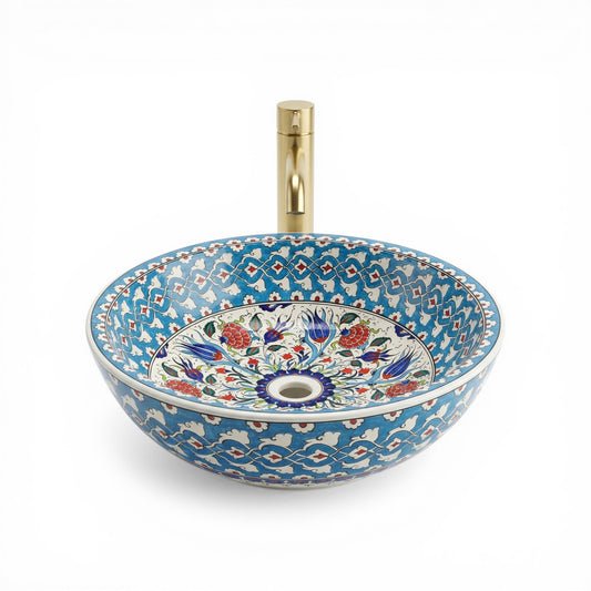 Sky Tulip Ceramic Vessel Sink, Handpainted Turkish Bathroom Basin