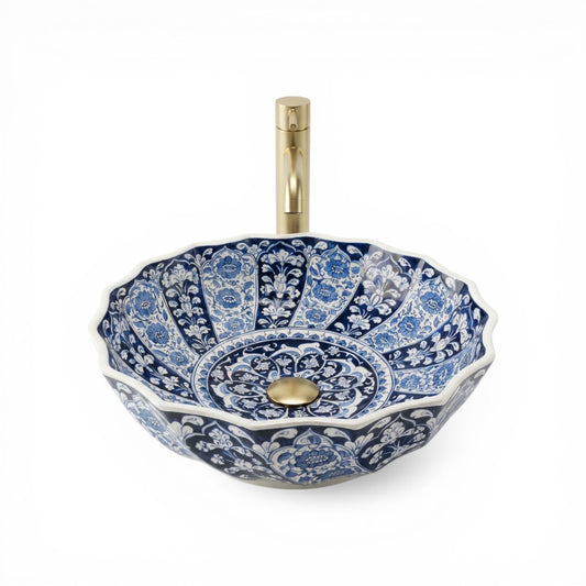 Royal Indigo Ceramic Vessel Sink, Handpainted Floral Bathroom Basin