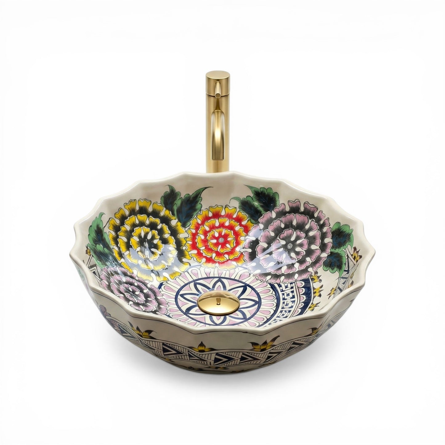 Wildflower Garden Ceramic Vessel Sink, Handpainted Floral Bathroom Basin