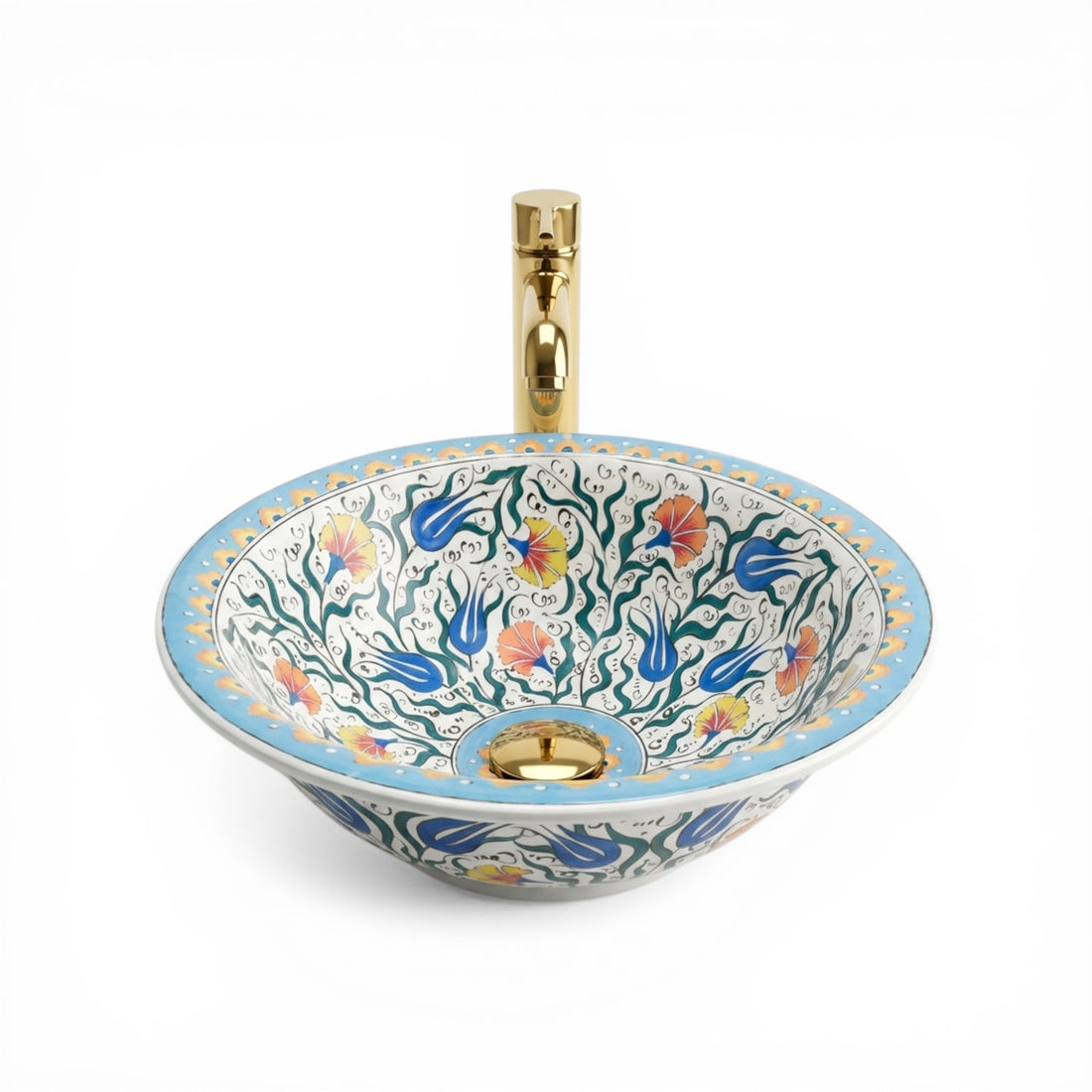 Sky Tulip Ceramic Vessel Sink, Handpainted Floral Bathroom Basin
