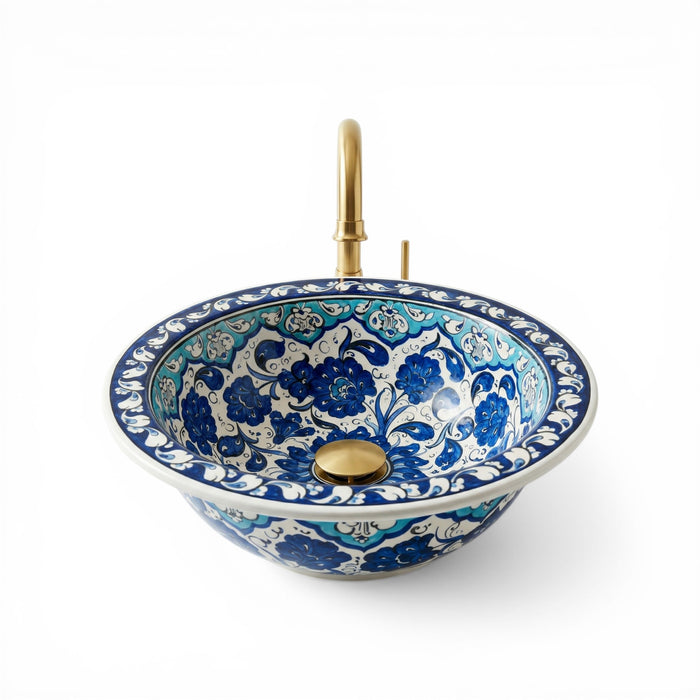 Azure Bloom Ceramic Vessel Sink, Handpainted Floral Bathroom Basin