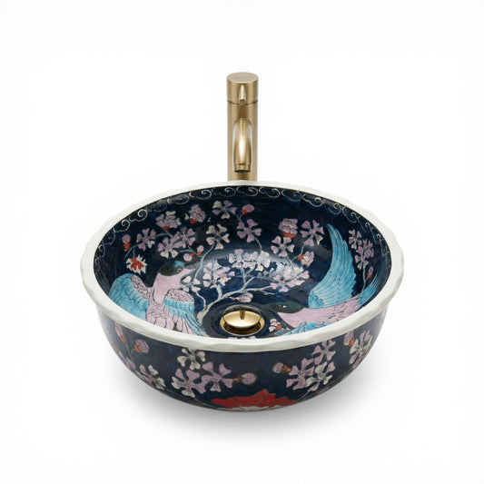 Moonlight Crane Ceramic Vessel Sink, Handpainted Artistic Bathroom Basin