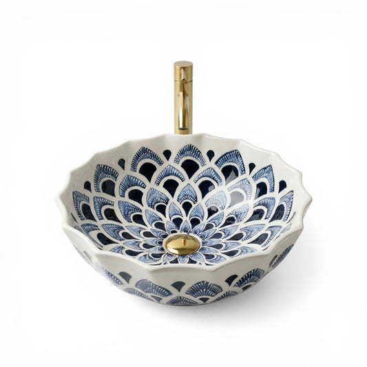 Indigo Lotus Ceramic Vessel Sink, Handpainted Scalloped Bathroom Basin