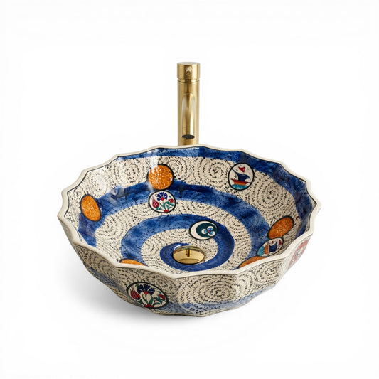 Aegean Wave Ceramic Vessel Sink, Handpainted Scalloped Bathroom Basin