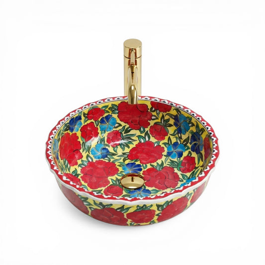 Crimson Bloom Ceramic Vessel Sink, Handpainted Floral Bathroom Basin