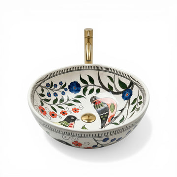 Songbird Garden Ceramic Vessel Sink, Handpainted Bird Bathroom Basin