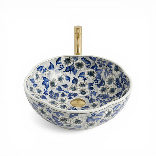 Blue Meadow Ceramic Vessel Sink, Handpainted Floral Bathroom Basin
