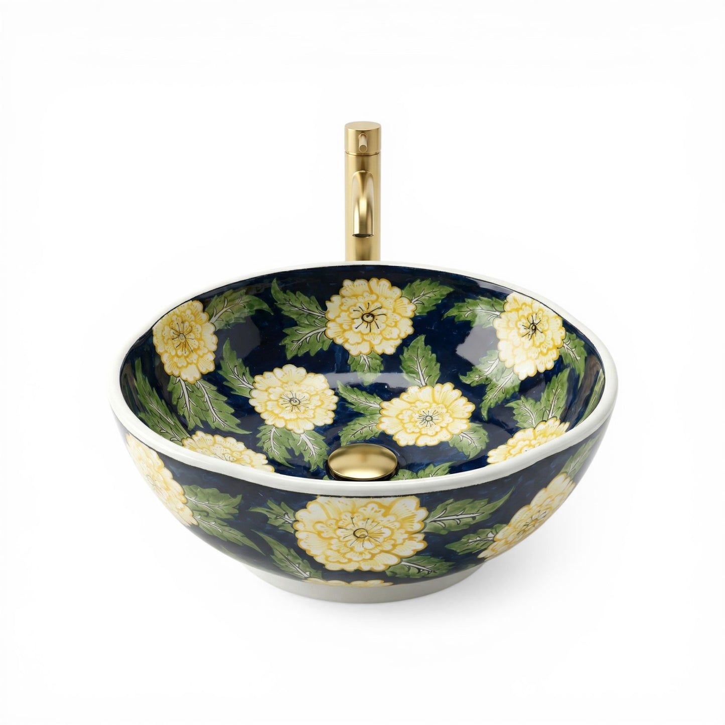 Golden Bloom Ceramic Vessel Sink, Handpainted Floral Bathroom Basin