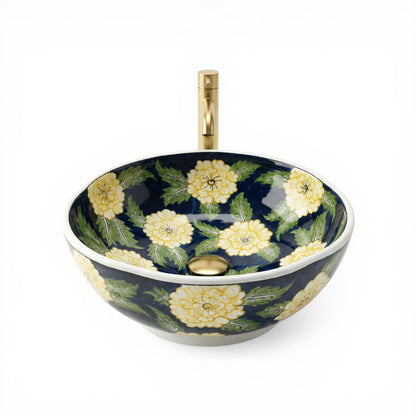Golden Bloom Ceramic Vessel Sink, Handpainted Floral Bathroom Basin