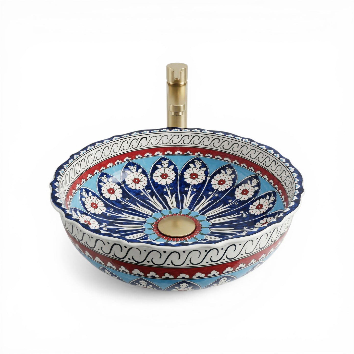 Decorative ceramic sink with floral patterns on a white background