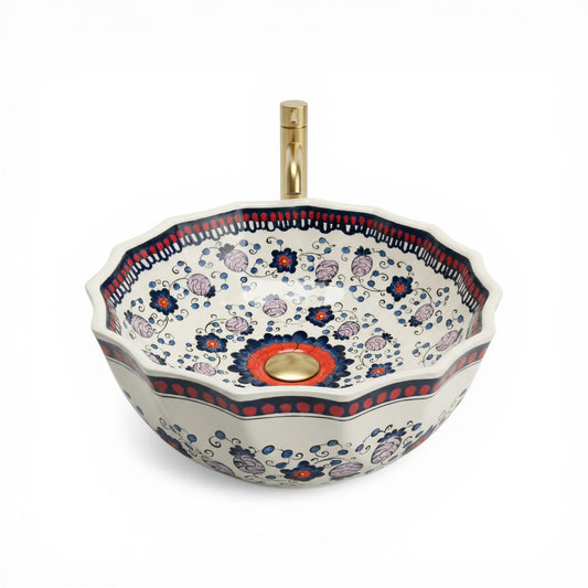 Scarlet Meadow Ceramic Vessel Sink, Handpainted Scalloped Bathroom Basin