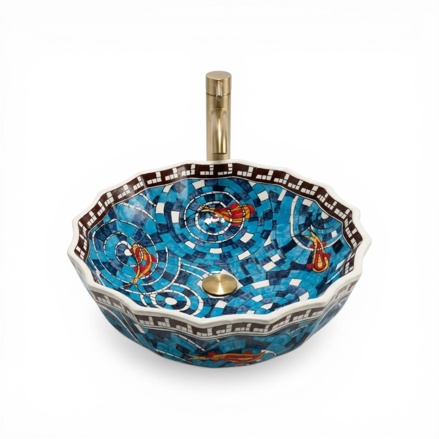 Decorative mosaic sink with blue and multicolor design on a white background