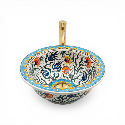 Sunlit Tulip Ceramic Vessel Sink, Handpainted Turkish Bathroom Basin