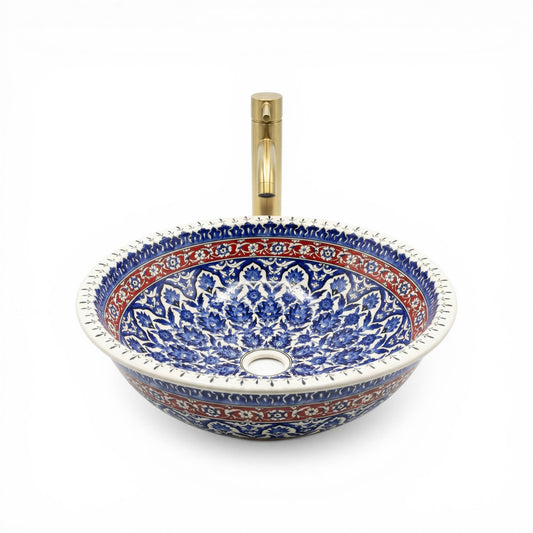Sapphire Bloom Ceramic Vessel Sink, Handpainted Turkish Bathroom Basin