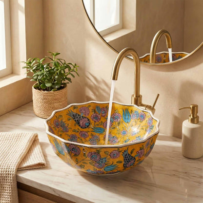 Golden Meadow Ceramic Vessel Sink, Handpainted Scalloped Bathroom Basin