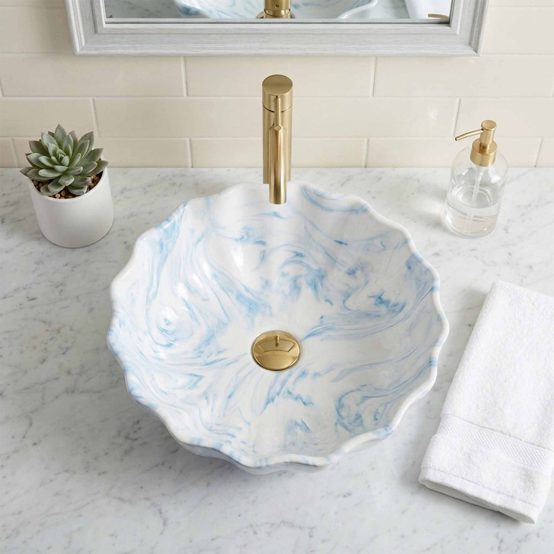 Sky Blue Petal Marble Ceramic Vessel Sink, Handpainted Artistic Bathroom Basin