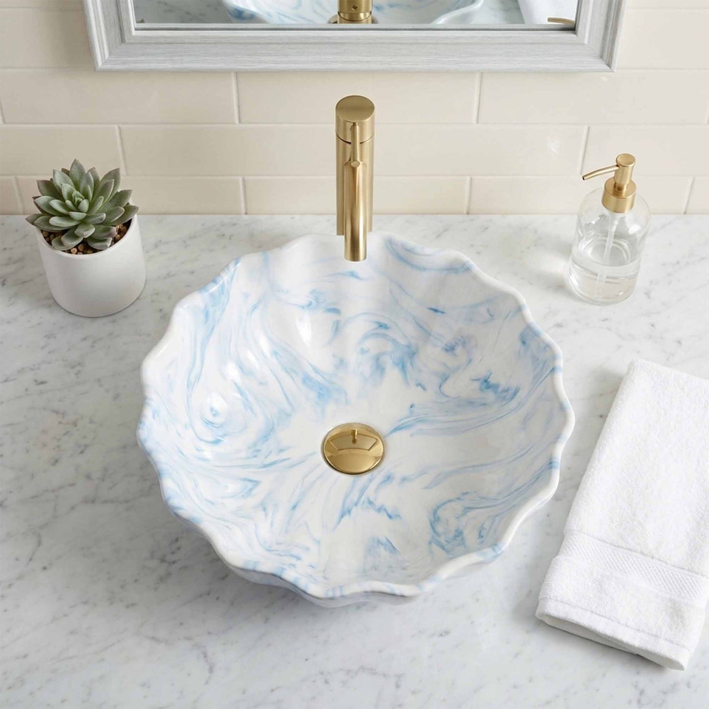 Sky Blue Petal Marble Ceramic Vessel Sink, Handpainted Artistic Bathroom Basin
