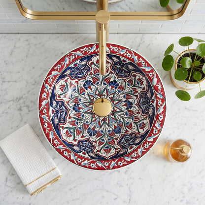 Crimson Tulip Heritage Ceramic Vessel Sink, Handpainted Bathroom Basin