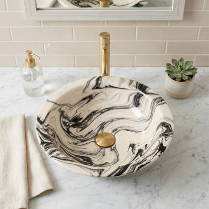 Black Marble Swirl Ceramic Vessel Sink, Handpainted Bathroom Basin