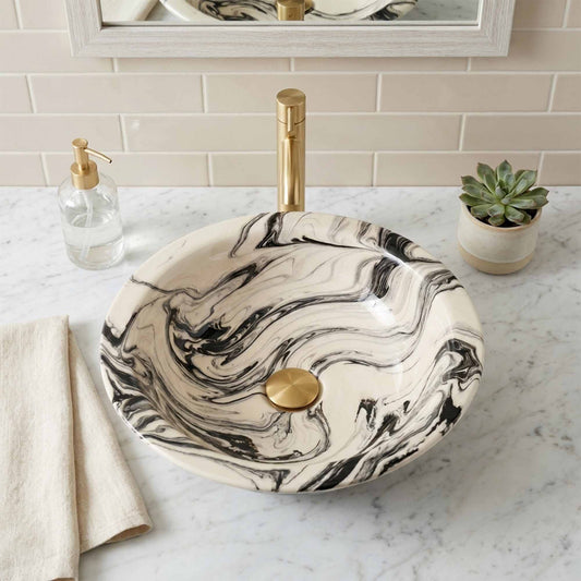Black Marble Swirl Ceramic Vessel Sink, Handpainted Bathroom Basin