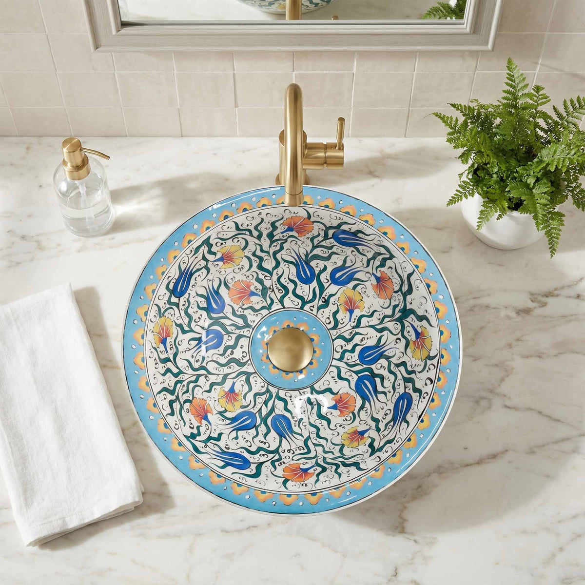 Sky Tulip Ceramic Vessel Sink, Handpainted Floral Bathroom Basin