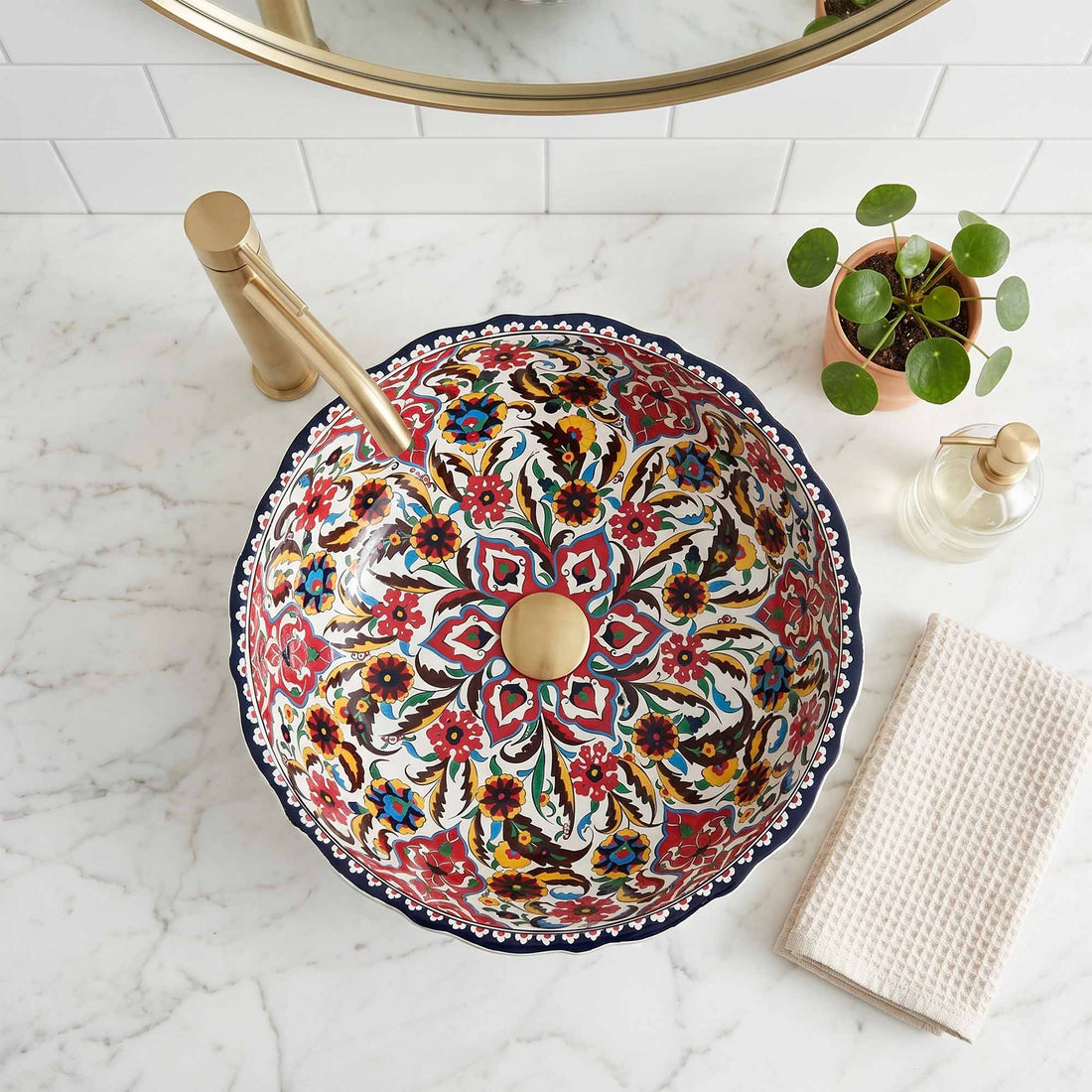 Ottoman Garden Ceramic Vessel Sink, Handpainted Bathroom Basin