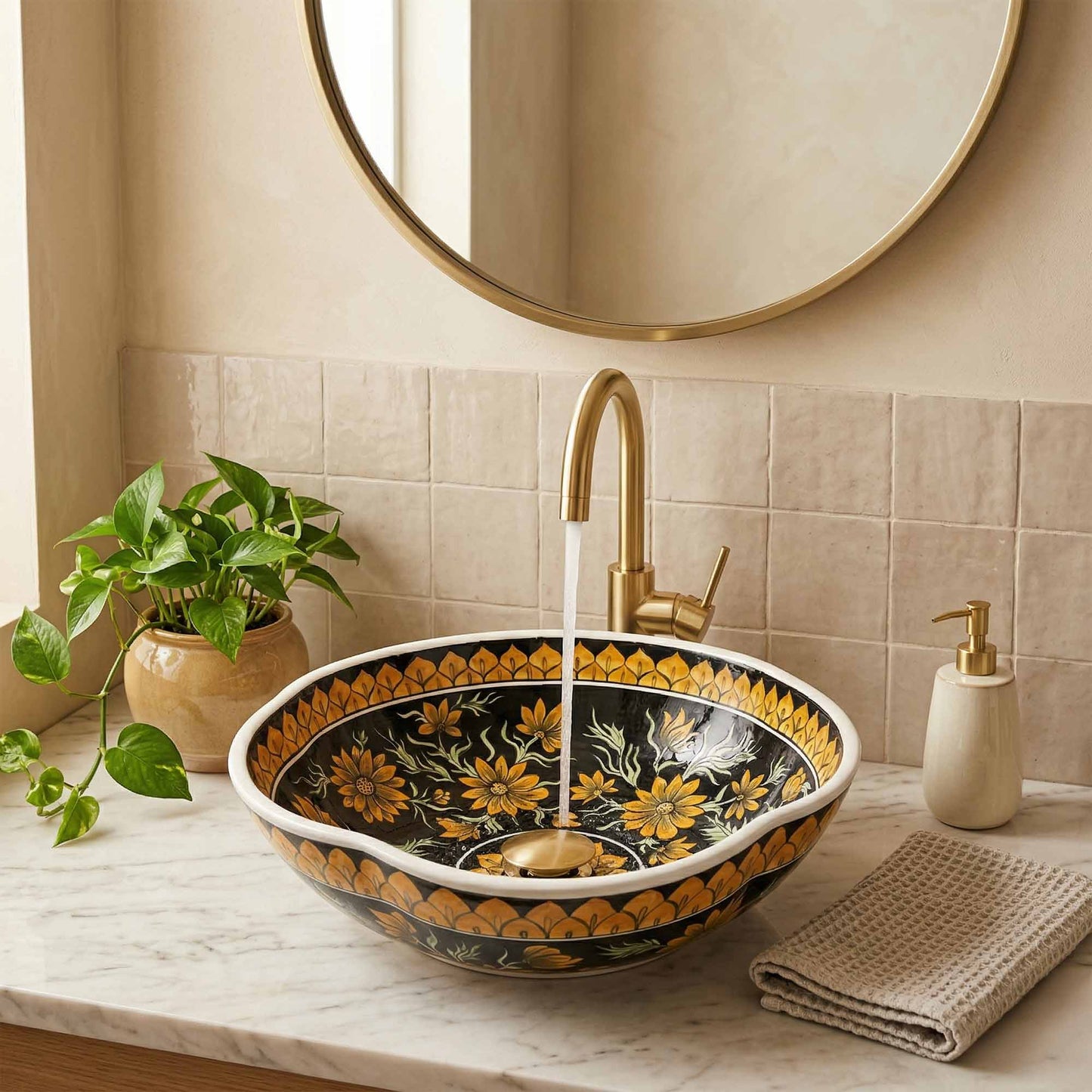 Decorative bathroom sink with floral patterns, gold faucet, and round mirror.